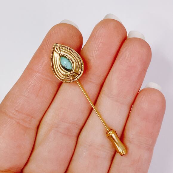 VTG 1970s Gold Tone Stick Pin With Turquoise Glass Cabochon Mid Century Revival - Picture 2 of 10